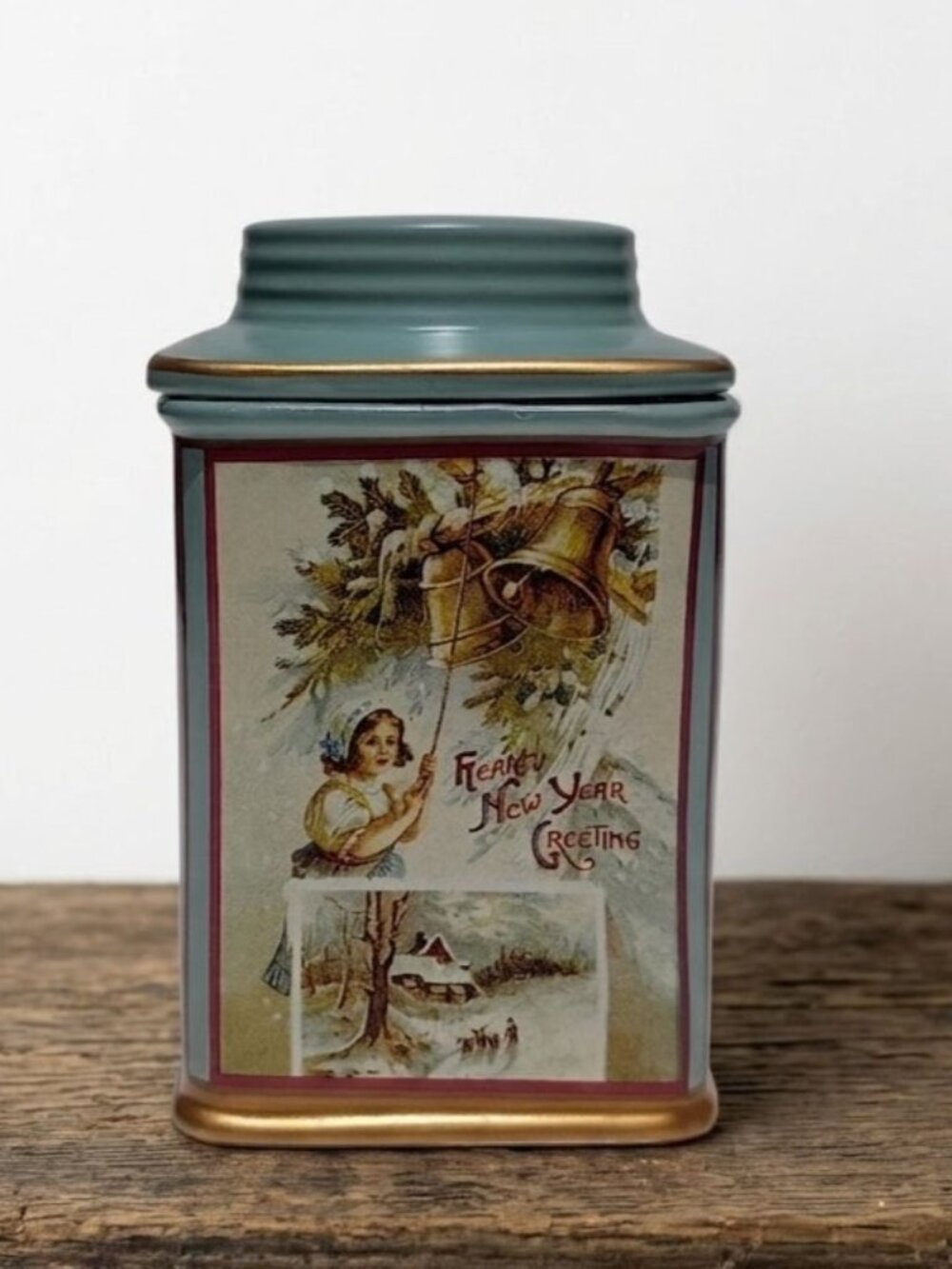 Sakura Oneida Stoneware Canister Holiday Memories Victorian Christmas Scenes Vtg